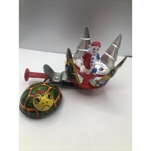 Vintage Tin Litho Spinning Christmas Tree Clown Circus Push Spinner Japan &turtl